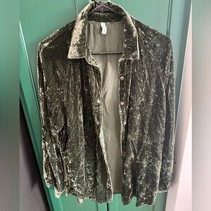 Crushed green velvet button down shirt